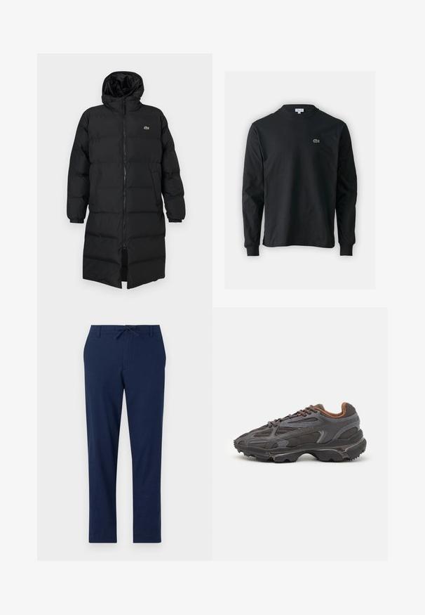 Casaco puffer preto com capuz, apresentando um fecho de correr completo, mangas longas e um design até ao joelho. Textura suave e acolchoada com detalhe do logotipo.; Camisola preta de manga longa feita de algodão, com decote redondo e um pequeno logótipo de crocodilo bordado em verde no lado esquerdo do peito.; Calças azul-marinho feitas de um material leve, com um cós elástico e pernas ajustadas, apresentando bolsos frontais e traseiros.; Ténis Lacoste em cinza-escuro com material em malha e sintético, apresentando uma sola texturizada e detalhes castanhos na gola e na marca.