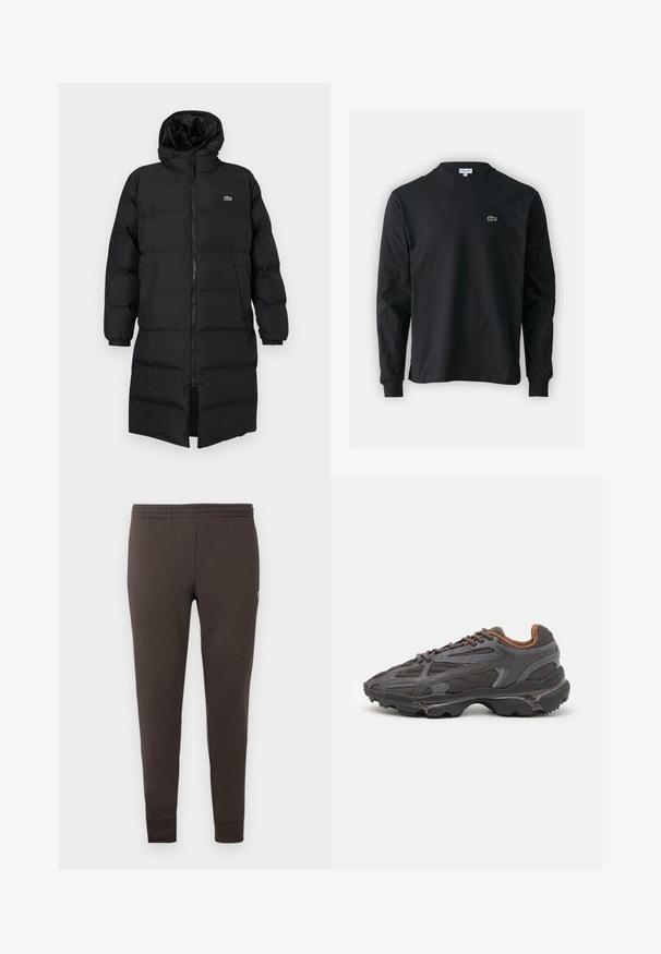Čierna prešívaná bunda s kapucňou, vybavená plným zipsom, dlhými rukávmi a dĺžkou po kolená. Mäkká, prešívaná textúra s detailom loga.; Čierne tričko s dlhým rukávom vyrobené z bavlny, s okrúhlym výstrihom a malým zeleným vyšívaným logom krokodíla na ľavej hrudi.; Tmavohnedé tepláky vyrobené z mäkkej látky. Obsahujú elastický pás a zúžené manžety. Minimalistický dizajn bez vzorov.; Lacoste tenisky v tmavo sivej farbe z nylonu a syntetického materiálu, s textúrovanou podrážkou a hnedými akcentami na golieri a brandingu.