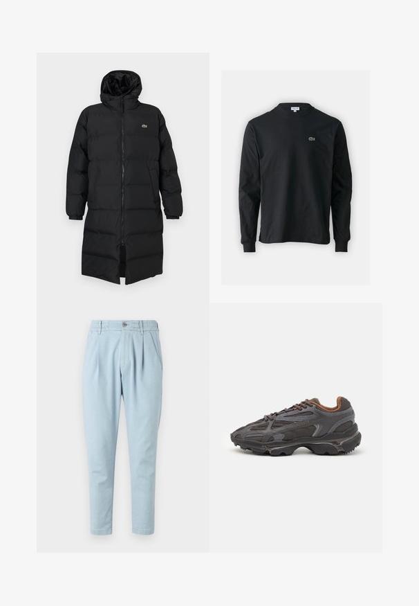 Black puffer coat with a hood, featuring a full zipper, long sleeves, and a knee-length design. Soft, quilted texture with logo detail.; Black long-sleeve t-shirt made of cotton, featuring a round neckline and a small green embroidered crocodile logo on the left chest.; Light blue pants made of textured fabric, featuring a button closure, elastic waistband, and two side pockets. Tapered leg design.; Lacoste sneakers in dark gray with mesh and synthetic material, featuring a textured sole and brown accents on the collar and branding.
