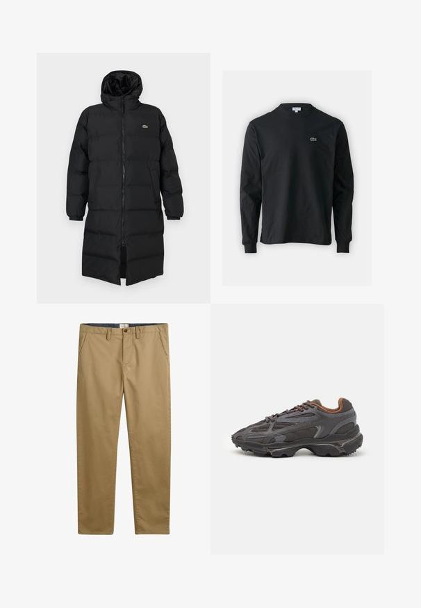 Black puffer coat with a hood, featuring a full zipper, long sleeves, and a knee-length design. Soft, quilted texture with logo detail.; Black long-sleeve t-shirt made of cotton, featuring a round neckline and a small green embroidered crocodile logo on the left chest.; Khaki cotton trousers with a straight fit, featuring side pockets, a button closure, and a textured fabric.; Lacoste sneakers in dark gray with mesh and synthetic material, featuring a textured sole and brown accents on the collar and branding.