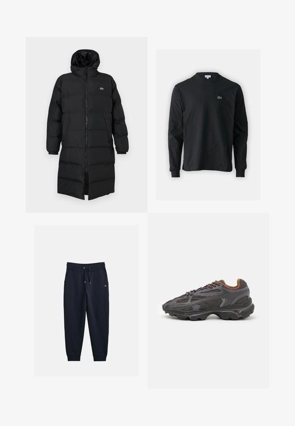 Casaco puffer preto com capuz, apresentando um fecho de correr completo, mangas longas e um design até ao joelho. Textura suave e acolchoada com detalhe do logotipo.; Camisola preta de manga longa feita de algodão, com decote redondo e um pequeno logótipo de crocodilo bordado em verde no lado esquerdo do peito.; Sweatpants azul-marinho feitos de tecido suave, com cintura elástica com cordão, bolsos laterais e punhos canelados.; Ténis Lacoste em cinza-escuro com material em malha e sintético, apresentando uma sola texturizada e detalhes castanhos na gola e na marca.
