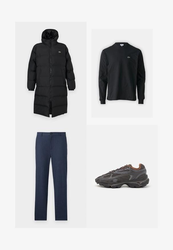 Melna pūkaina jaka ar kapuci, kas aprīkota ar pilnu rāvējslēdzēju, garām piedurknēm un ceļgala garuma dizainu. Mīksta, quiltēta tekstūra ar logotipa detaļu.; Melna garām piedurknēm t-krekls, izgatavots no kokvilnas, ar apaļu kakla izgriezumu un mazu zaļu izšūtu krokodila logo kreisajā krūtī.; Jūras zili bikses, kas izgatavotas no strukturētas auduma, ar taisnu kāju dizainu, ar priekšējo pogu aizdari un bez redzamām kabatām.; Lacoste kedas tumši pelēkā krāsā ar acu audumu un sintētisko materiālu, ar teksturētu zoli un brūniem akcentiem apkaklītē un zīmola uzrakstā.