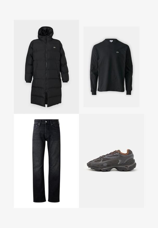 Juodas pūkinis paltas su kapišonu, su pilnu užtrauktuku, ilgomis rankovėmis ir iki kelių ilgio. Minkšta, siuvinėta tekstūra su logotipo detale.; Juodas ilgomis rankovėmis marškinėliai iš medvilnės, turintys apvalią iškirptę ir mažą žalią išsiuvinėtą krokodilo logotipą kairėje krūtinės pusėje.; Vyriški tamsaus džinsinio audinio džinsai su tiesiu kirpimu, pasižymintys klasikinėmis penkių kišenių detalėmis ir metaliniu sagtimi. Matomi įvairūs plovimo tonai.; Lacoste sportbačiai tamsiai pilki, pagaminti iš tinklinės ir sintetinių medžiagų, su tekstūruotu padu ir rudomis detalėmis ant apykaklės bei prekės ženklo.
