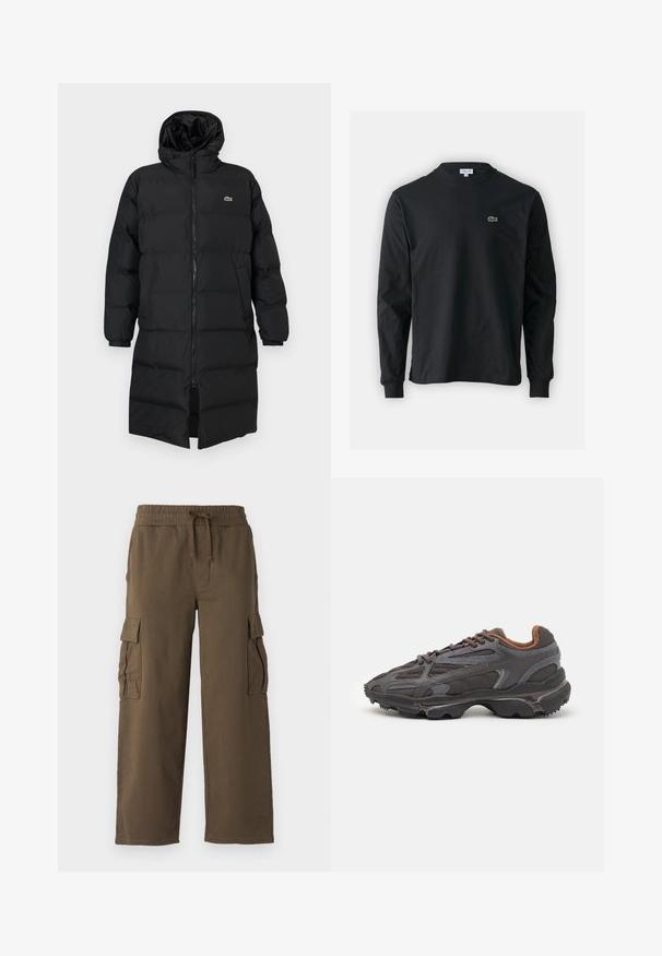 Černá péřová bunda s kapucí, s plným zipem, dlouhými rukávy a délkou po kolena. Měkká prošívaná textura s detailem loga.; Černé dlouhé rukávy triko vyrobené z bavlny, s kulatým výstřihem a malým zeleným vyšitým logem krokodýla na levé hrudi.; Kargo kalhoty s elastickým pasem, stahovací šňůrkou a dvěma bočními kapsami. Vyrobeny z měkké hnědé tkaniny s uvolněným, širokým střihem.; Sněrovací boty Lacoste v tmavě šedé barvě s síťovinou a syntetickým materiálem, prezentující texturovanou podrážku a hnědé detaily na límci a logu.
