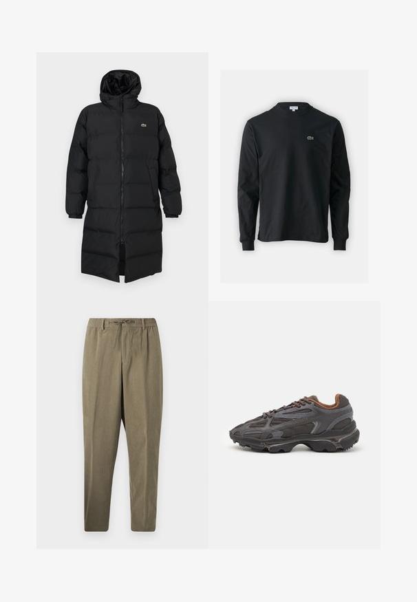 Mustahomeinen musta untuvatakki hupulla, jossa on täysipitkä vetoketju, pitkät hihat ja polvenpituinen malli. Pehmeä, tikkikuvioitu pinta logotiedolla.; Musta pitkähiha t-paita, joka on valmistettu puuvillasta. Paita on varustettu pyöreällä kaula-aukolla ja vasemmassa rinnassa on pieni vihreä brodeerattu krokotiililogo.; Taupe corduroy-housut, joissa on joustava vyötärö, vyönlenkit ja nyöri, suora lahkeensuu valkoista taustaa vasten.; Lacoste-tennar i mörkgrått med nät- och syntetmaterial, med en texturerad sula och bruna accenter på kragen och märket.