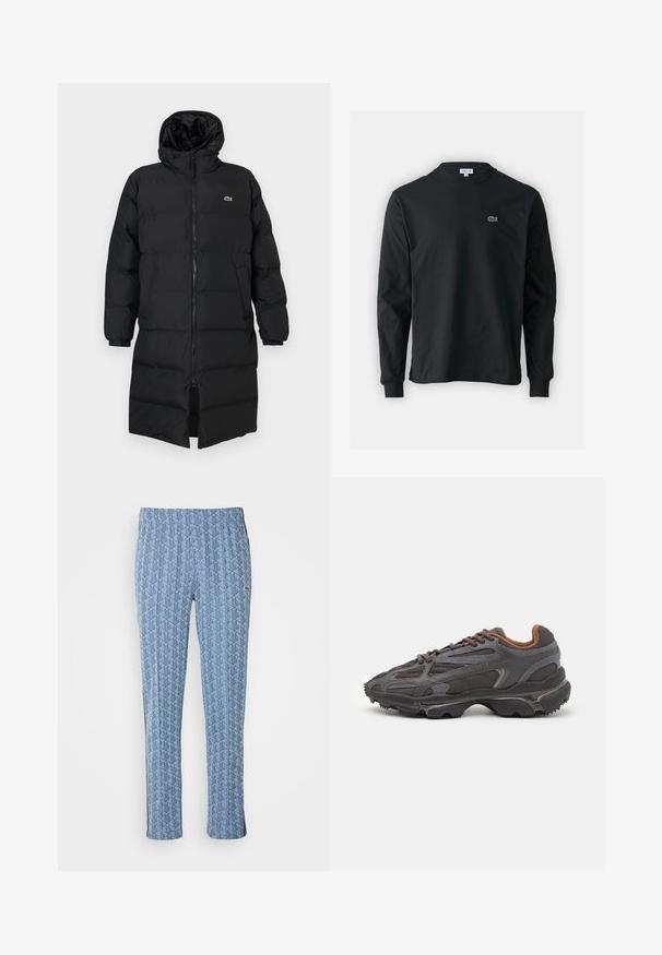 Zwarte pufferjas met een kap, voorzien van een volledige ritssluiting, lange mouwen en een lengte tot de knie. Zachte, gewatteerde textuur met logo-detail.; Zwarte longsleeve t-shirt van katoen, met een ronde halslijn en een klein groen geborduurd krokodillenlogo op de linkerborst.; Blauwe patroonbroek met een diamantontwerp, elastische tailleband en zijstripes. Gemaakt van lichte stof met een soepele textuur.; Lacoste sneakers in donkergrijs van mesh en synthetisch materiaal, met een gestructureerde zool en bruine accenten op de kraag en branding.