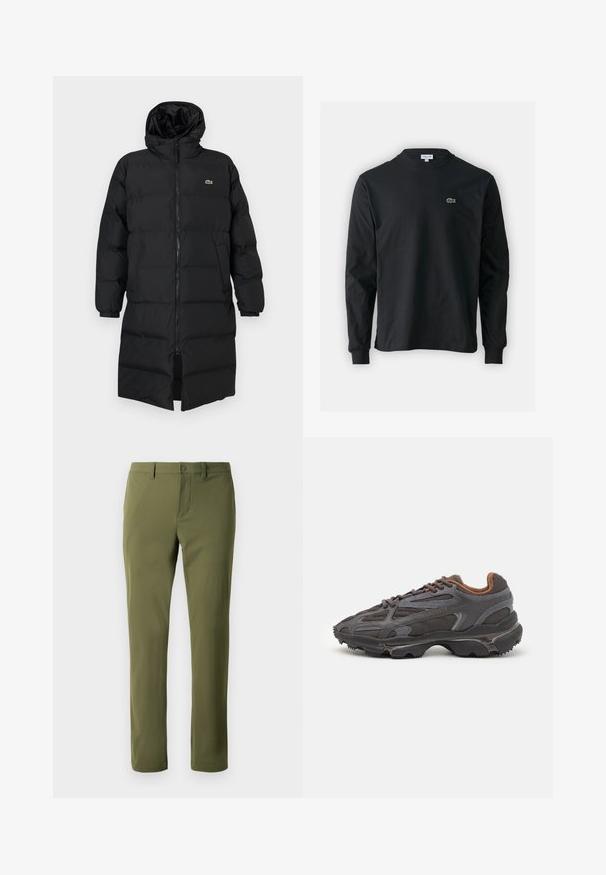 Črni napihnjen plašč s kapuco, ki ima poln zadrgo, dolge rokave in dolžino do kolen. Mehka, quilted tekstura z logotipom.; Črna dolgi rokavi majica iz bombaža, z okroglim ovratnikom in majhnim zelenim vezenim logotipom krokodila na levem prsnem delu.; Olivno zelene hlače iz gladkega blaga s ravno krojem, z gumbom za zapiranje in zankami za pas. Brez vidnih vzorcev ali poudarkov.; Lacoste teniske v temno sivi barvi z mrežasto in sintetično prevleko, s teksturiranim podplatom in rjavimi detajli na ovratniku ter blagovni znamki.