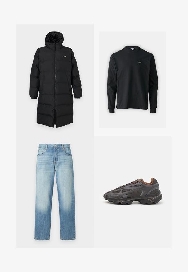 Must pufjakker, mille kapuutsiga, täispika tõmblukuga, pikkade varrukatega ja põlve pikkuses. Pehme, tikitud tekstuur, logodetailiga.; Must musta särk pikad varrukad, valmistatud puuvillast, ümar kaelus ja vasakul rinnal väike rohelise värvi tikandiga krokodillilogoga.; Heledad sinine teksapüksid sirge säärega, millel on õrn pleekimine, viis taskut ja nööbipidamine. Keskmise kõrgusega talje.; Tumed hallid Lacoste tossud, mis on valmistatud võrkkangast ja sünteetilisest materjalist, omavad tekstureeritud talla ning pruune aktsente kaeluse ja brändingu juures.