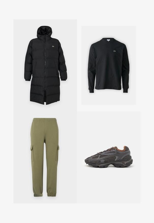 Schwarze Daunenjacke mit Kapuze, ausgestattet mit einem vollen Reißverschluss, langen Ärmeln und einem knielangen Schnitt. Weiche, gesteppten Textur mit Logodetail.; Schwarzes Langarm-T-Shirt aus Baumwolle, mit Rundhalsausschnitt und einem kleinen grünen, gestickten Krokodil-Logo auf der linken Brust.; Cargo-Hosen aus leichtem, olivgrünem Stoff mit Seitentaschen, elastischem Bund und schmal zulaufenden Bündchen für eine bequeme Passform.; Lacoste Sneaker in Dunkelgrau aus Mesh und Synthetikmaterial, mit einer strukturierten Sohle und braunen Akzenten am Kragen und Logo.