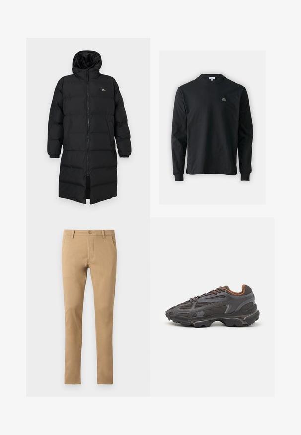 Piumino nero con cappuccio, caratterizzato da una zip completa, maniche lunghe e un design fino al ginocchio. Texture morbida e trapuntata con dettaglio del logo.; T-shirt a maniche lunghe nera in cotone, con scollatura rotonda e un piccolo logo di coccodrillo ricamato in verde sul lato sinistro del petto.; Chino beige slim-fit con chiusura a bottone, tasche frontali e una texture liscia. Design semplice, gambe affusolate e orlo pulito.; Sneaker Lacoste grigie scure in materiale mesh e sintetico, con suola testurizzata e dettagli marroni sul colletto e sul branding.