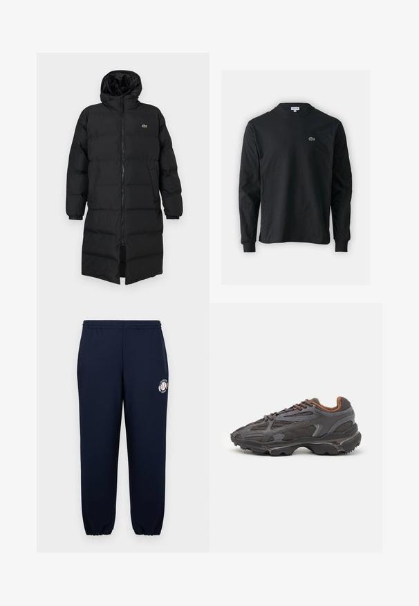 Čierna prešívaná bunda s kapucňou, vybavená plným zipsom, dlhými rukávmi a dĺžkou po kolená. Mäkká, prešívaná textúra s detailom loga.; Čierne tričko s dlhým rukávom vyrobené z bavlny, s okrúhlym výstrihom a malým zeleným vyšívaným logom krokodíla na ľavej hrudi.; Námornícke modré tepláky vyrobené z jemnej bavlny s elastickými manžetami a pásom. Na ľavej nohe sa nachádza biele logo Lacoste Paris.; Lacoste tenisky v tmavo sivej farbe z nylonu a syntetického materiálu, s textúrovanou podrážkou a hnedými akcentami na golieri a brandingu.