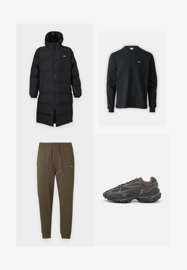 Geacă puffer neagră cu glugă, dotată cu fermoar complet, mâneci lungi și un design până la genunchi. Textură moale, matlasată, cu detalii ale logo-ului.; Tricou negru cu mânecă lungă, realizat din bumbac, cu un guler rotund și un mic logo brodat cu un crocodil verde pe partea stângă a pieptului.; Pantaloni sport verde măsliniu închis, cu talie elastică, șnur de ajustare, buzunare laterale și manșete striate. Mic patch cu logo albastru pe partea stângă.; Adidași Lacoste de culoare gri închis, din material mesh și sintetic, cu o talpă texturată și accente maronii pe guler și branding.