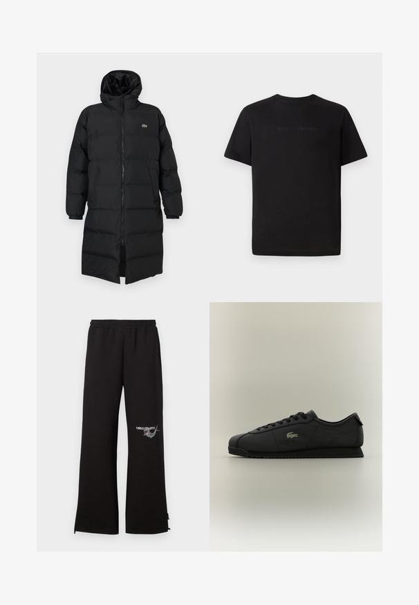 Fekete, kapucnis puffertakó, teljes cipzárral, hosszú ujjakkal és térd hosszig érő fazonnal. Puha, steppelt textúra logó részlettel.; Lacoste Basic póló - black; Fekete melegítőnadrág rugalmas derékpánttal, bal lábon hímzett logóval és grafikus részletekkel. Egyenes szárvágás, cipzárakkal az alján.; Fekete, alacsony szárú sportcipő, fűzős elöl, textúrázott talppal és arany krokodil logóval az oldalán.