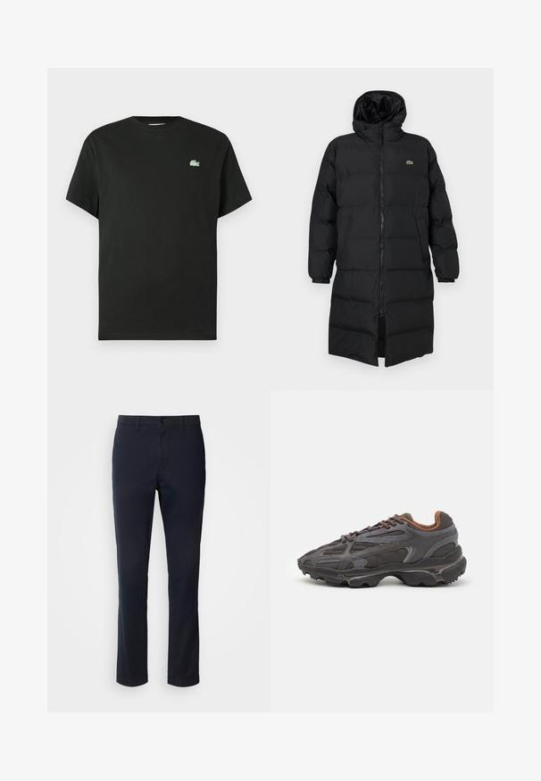 Juodas pūkinis paltas su kapišonu, su pilnu užtrauktuku, ilgomis rankovėmis ir iki kelių ilgio. Minkšta, siuvinėta tekstūra su logotipo detale.; Juoda medvilninė marškinėliai su apvalia iškirpte, trumpomis rankovėmis ir žaliu siuvinėjimu ant kairės krūtinės. Lygus audinys, laisvas fasonas.; Tamsiai mėlyni kelnių pagaminti iš lygaus audinio, turintys tiesaus kirpimo dizainą, diržo kilpas ir sagčių uždarymą su užtrauktuku.; Lacoste sportbačiai tamsiai pilki, pagaminti iš tinklinės ir sintetinių medžiagų, su tekstūruotu padu ir rudomis detalėmis ant apykaklės bei prekės ženklo.