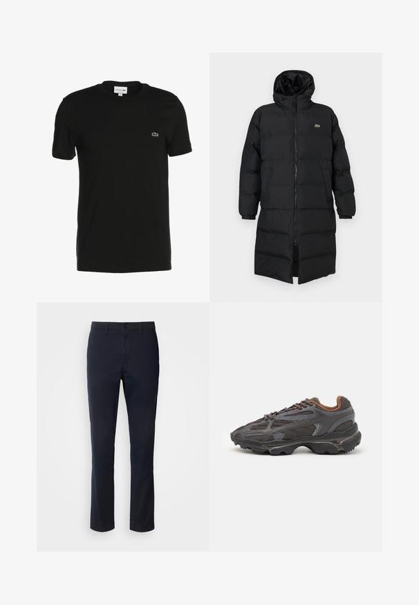 Fekete, kapucnis puffertakó, teljes cipzárral, hosszú ujjakkal és térd hosszig érő fazonnal. Puha, steppelt textúra logó részlettel.; Fekete pamut póló rövid ujjal, kerek nyakkal, és apró zöld Lacoste logóval a mellkason. Sima textúra, klasszikus fit.; Sötétkék nadrág sima anyagból, egyenes szárú kialakítással, övhurkokkal és gombos záródással, cipzáras kivitelben.; Sötét szürke Lacoste sportcipők hálós és szintetikus anyagból, textúrázott talppal és barna díszítésekkel a nyak részen és a logón.