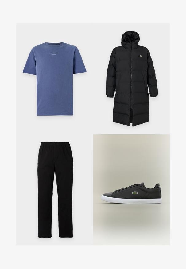 Casaco puffer preto com capuz, apresentando um fecho de correr completo, mangas longas e um design até ao joelho. Textura suave e acolchoada com detalhe do logotipo.; T-shirt de manga curta azul marinho feito de algodão. Apresenta um decote redondo e pequeno texto branco no peito: "SAMSØE SAMSØE COPENHAGUE."; Calças pretas feitas de um tecido de algodão misto, com corte reto, cintura elástica com botão e sem padrões ou detalhes visíveis.; Tênis de couro preto com sola de borracha branca, apresentando um logotipo de crocodilo verde e cadarços redondos, design elegante com textura suave.