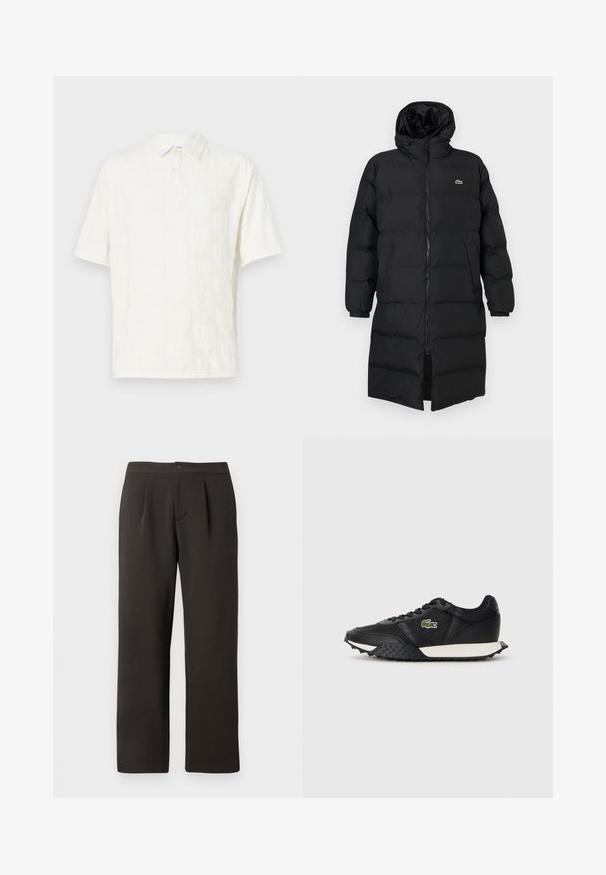 Mustahomeinen musta untuvatakki hupulla, jossa on täysipitkä vetoketju, pitkät hihat ja polvenpituinen malli. Pehmeä, tikkikuvioitu pinta logotiedolla.; Valkoinen lyhythihainen polo-paita, jossa on teksturoituja kuviolohkoja ympäriinsä. Paidassa on kaulus ja nappilistalla varustettu kiinnitys.; Tummanruskeat suorat lahkeet, joissa on litteä etuosa, kaksi laskosta ja napin suljenta. Valmistettu sileästä kankaasta, jossa on pieni tekstuuri.; Musta lenkkarit, joissa on sileä nahkapinta, varustettu teksturoidulla kumipohjalla, valkoisella välipohjalla ja vihreällä brodeeratulla logolla sivussa.