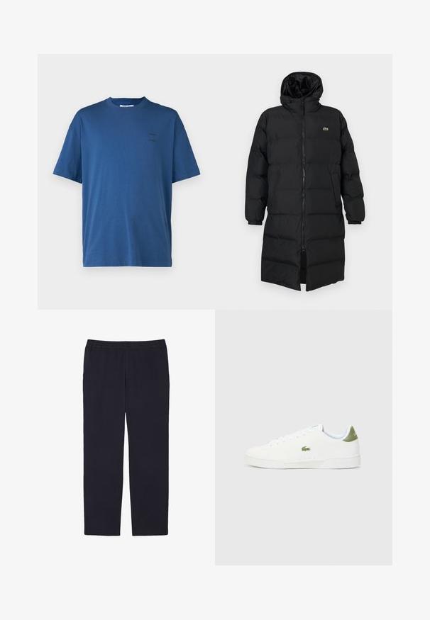 Piumino nero con cappuccio, caratterizzato da una zip completa, maniche lunghe e un design fino al ginocchio. Texture morbida e trapuntata con dettaglio del logo.; Samsøe Samsøe JOEL - T-shirt basic - true navy; Lacoste Pantaloni - bleu marine hde; Sneakers bianchi con una texture liscia, caratterizzate da un accento verde sul tallone e un piccolo logo ricamato a forma di coccodrillo sul lato.