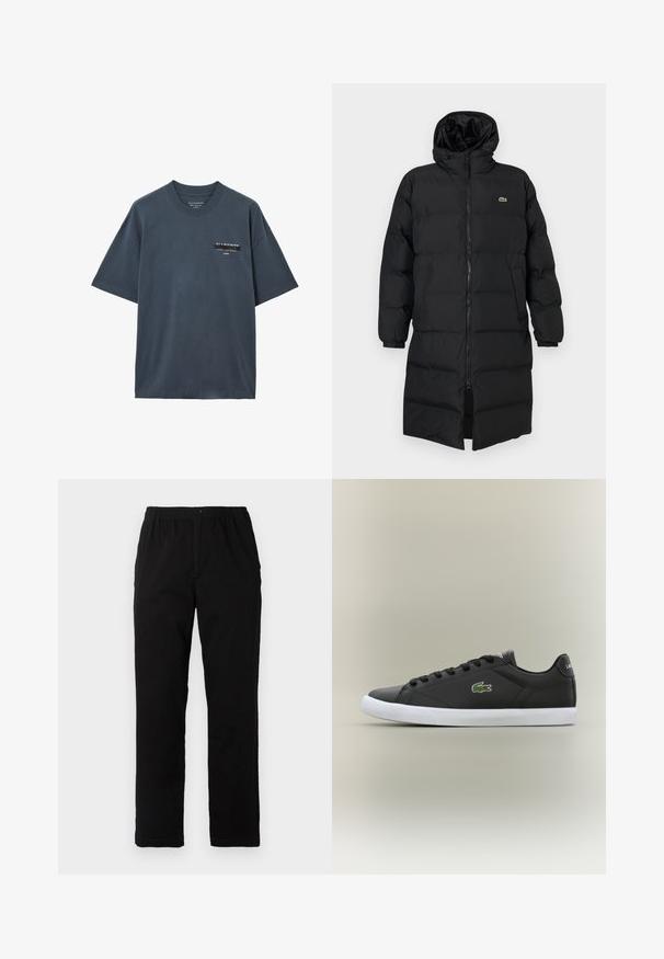 Casaco puffer preto com capuz, apresentando um fecho de correr completo, mangas longas e um design até ao joelho. Textura suave e acolchoada com detalhe do logotipo.; T-shirt de manga curta cinza escuro com gola redonda, apresentando um pequeno logotipo e texto em branco e preto da AllSaints no lado superior esquerdo do peito.; Calças pretas feitas de um tecido de algodão misto, com corte reto, cintura elástica com botão e sem padrões ou detalhes visíveis.; Tênis de couro preto com sola de borracha branca, apresentando um logotipo de crocodilo verde e cadarços redondos, design elegante com textura suave.