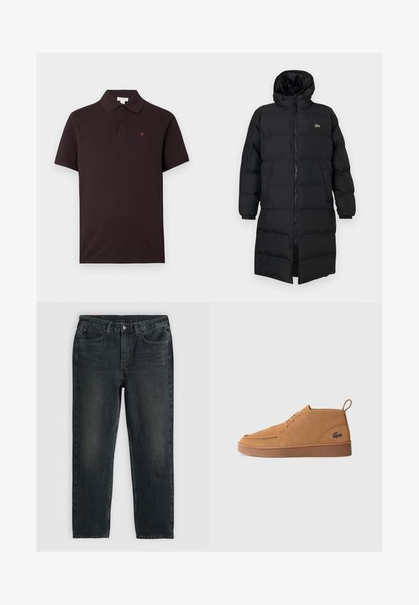 Mustahomeinen musta untuvatakki hupulla, jossa on täysipitkä vetoketju, pitkät hihat ja polvenpituinen malli. Pehmeä, tikkikuvioitu pinta logotiedolla.; Musta puuvillainen poolopaita, jossa on klassinen kaulus, kaksi nappia ja pieni punainen logo rinnassa. Lyhyet hihat, sileä tekstuuri.; Tummansinisiä farkkuja suoran lahkeen leikkauksella, viidellä taskulla, vetoketjukiinnityksellä ja kontrastivärisillä ompeleilla. Kankaan pinnassa on hieno haalistuminen.; Bruna suede kengät nilkkamallilla, jossa on kumipohja ja vetotappi, ja sivussa on allekirjoituskrokotiililogot.