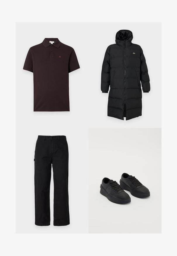 Piumino nero con cappuccio, caratterizzato da una zip completa, maniche lunghe e un design fino al ginocchio. Texture morbida e trapuntata con dettaglio del logo.; Polo nera in cotone con collo classico, due bottoni e un piccolo logo rosso sul petto. Maniche corte, tessuto liscio.; Pantaloni cargo neri in cotone con design a gamba dritta, dotati di tasche laterali e chiusura con bottone frontale. Tessuto resistente con una consistenza liscia.; Sneaker nere in pelle liscia con suola ammortizzata. Le caratteristiche includono lacci piatti, perforazioni sulla punta e una silhouette elegante.