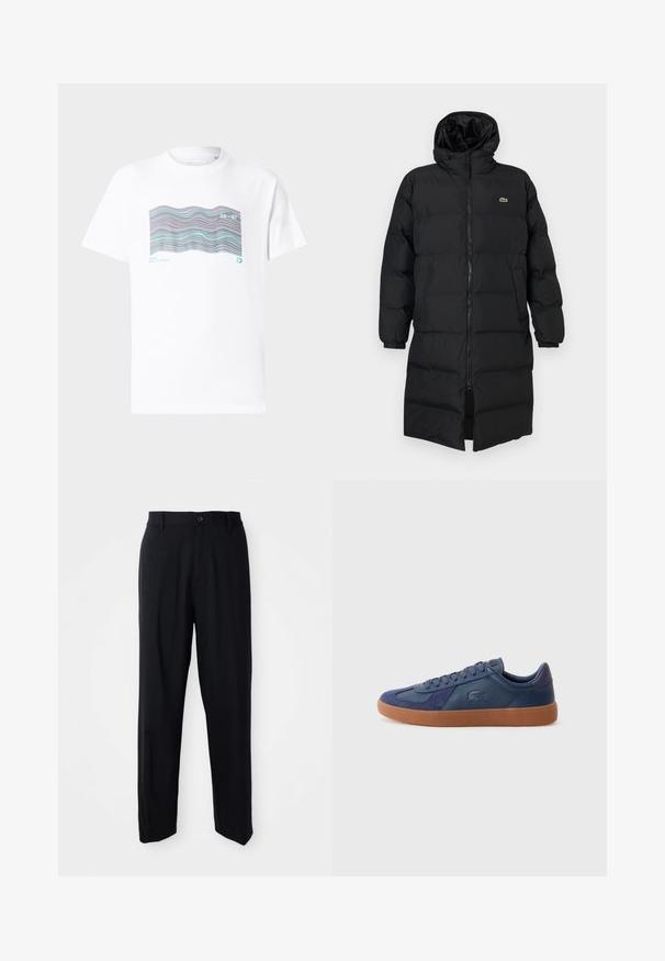 Black puffer coat with a hood, featuring a full zipper, long sleeves, and a knee-length design. Soft, quilted texture with logo detail.; White cotton t-shirt featuring a multicolored wave pattern along with text "MIAMI" and "20-97" printed on the front. Short sleeves, round neck.; Black straight-leg trousers with belt loops, button closure, and a sleek, minimal design on a neutral background.; Navy blue sneaker featuring leather and suede materials, gum rubber sole, round toe, and lace-up closure with branding detail on the side.