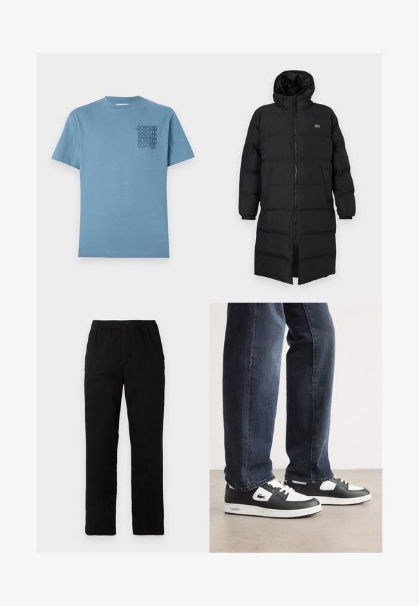 Černá péřová bunda s kapucí, s plným zipem, dlouhými rukávy a délkou po kolena. Měkká prošívaná textura s detailem loga.; Světle modré bavlněné tričko s kulatým výstřihem a krátkými rukávy. Na levé straně hrudi se nachází černý design loga "LACOSTE". ; Černé kalhoty vyrobené z bavlněné směsi, s rovný střih, elastickým pasem s knoflíkem a bez viditelných vzorů či akcentů.; Černo-bílé tenisky Lacoste s texturovaným koženým svrškem, se šněrovacím designem a bílou gumovou podešví. Nosené s tmavými džíny.