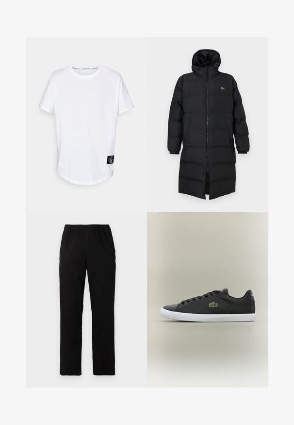 Čierna prešívaná bunda s kapucňou, vybavená plným zipsom, dlhými rukávmi a dĺžkou po kolená. Mäkká, prešívaná textúra s detailom loga.; Biela bavlnená tričko s rolovanými krátkymi rukávmi, zaobleným lemom a čiernou štítkou s logom "CK" na dolnom ľavom rohu.; Čierne nohavice vyrobené z bavlnenej zmesi, so strihom rovného strihu, elastickým pásom s gombíkom a bez viditeľných vzorov alebo akcentov.; Čierne kožené tenisky s bielou gumovou podrážkou, s logom zeleného krokodíla a okrúhlymi šnúrkami, elegantný dizajn s hladkou textúrou.