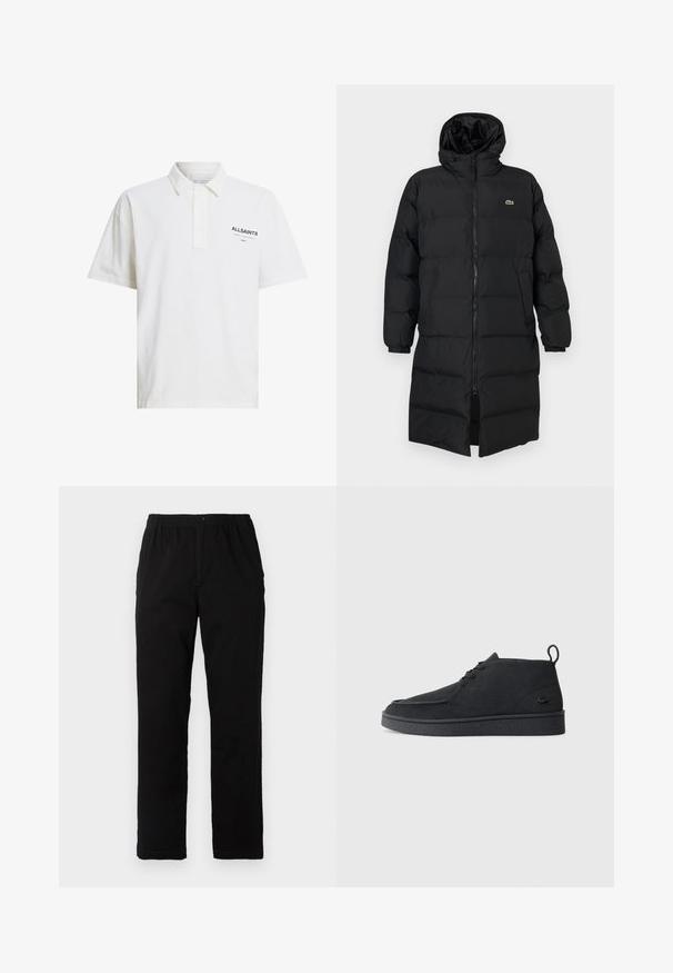 Mustahomeinen musta untuvatakki hupulla, jossa on täysipitkä vetoketju, pitkät hihat ja polvenpituinen malli. Pehmeä, tikkikuvioitu pinta logotiedolla.; Valkoinen puuvillapaita, jossa on lyhyet hihat, napitettu kaulus ja musta logo vasemmalla puolella. Suora tekstuuri, klassinen istuvuus.; Mustat housut, jotka on valmistettu puuvilla-sekoitekankaasta, suoran mallin, joustavan vyötärönauhan ja napin kanssa, ilman näkyviä kuvioita tai yksityiskohtia.; Mustat mokka nauhalla suljettavat nilkkasaappaat, joissa on vetotappi ja teksturoitu pohja, sekä pieni kohokuvioitu krokotiililogo sivulla.