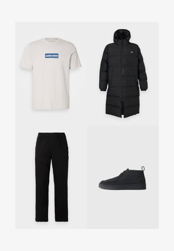 Black puffer coat with a hood, featuring a full zipper, long sleeves, and a knee-length design. Soft, quilted texture with logo detail.; White cotton t-shirt featuring a blue rectangular logo with "calvin klein" and "new york city" in white text on the front. Classic fit.; Black pants made of cotton blend fabric, featuring a straight cut, elastic waistband with button, and no visible patterns or accents.; Black suede lace-up ankle boot with pull tab and textured sole, featuring small embossed crocodile logo on the side.