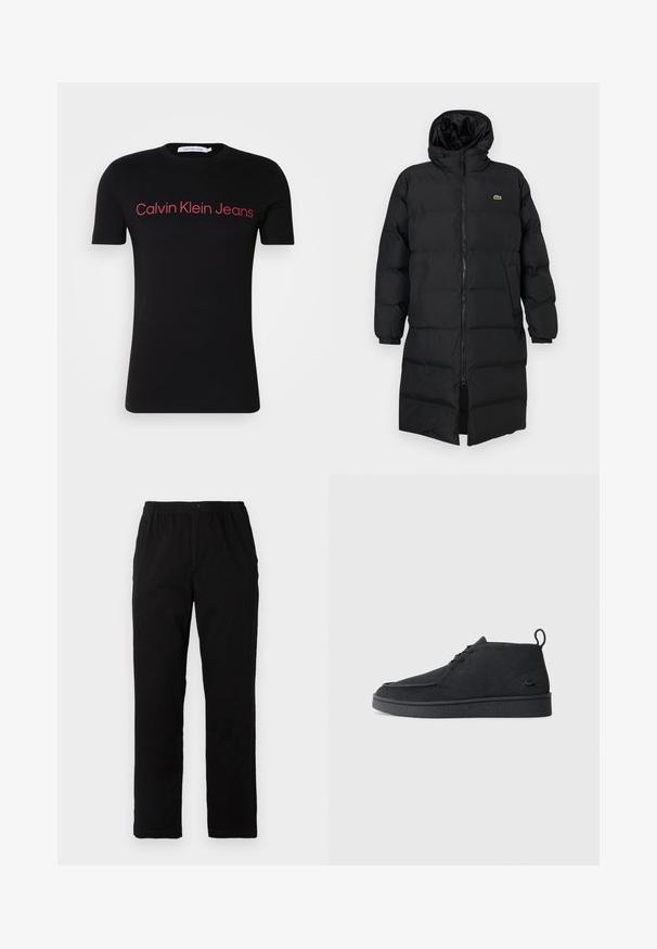 Mustahomeinen musta untuvatakki hupulla, jossa on täysipitkä vetoketju, pitkät hihat ja polvenpituinen malli. Pehmeä, tikkikuvioitu pinta logotiedolla.; Musta lyhythihainen T-paita, joka on valmistettu puuvillasta ja jossa on pyöreä kaula-aukko. Punainen "Calvin Klein Jeans" -logo rinnan kohdalla, yksinkertainen muotoilu, ilman lisäkuvioita.; Mustat housut, jotka on valmistettu puuvilla-sekoitekankaasta, suoran mallin, joustavan vyötärönauhan ja napin kanssa, ilman näkyviä kuvioita tai yksityiskohtia.; Mustat mokka nauhalla suljettavat nilkkasaappaat, joissa on vetotappi ja teksturoitu pohja, sekä pieni kohokuvioitu krokotiililogo sivulla.