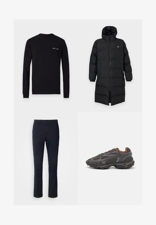 Geacă puffer neagră cu glugă, dotată cu fermoar complet, mâneci lungi și un design până la genunchi. Textură moale, matlasată, cu detalii ale logo-ului.; Tricou negru cu mânecă lungă, din bumbac, cu gât rotund și imprimeuri duale albe cu logo-ul "SAMSØE" în zona stânga a pieptului.; Pantaloni bleumarin dintr-un material neted, cu un design cu picior drept, cusături pentru curea și închidere cu nasture și fermoar.; Adidași Lacoste de culoare gri închis, din material mesh și sintetic, cu o talpă texturată și accente maronii pe guler și branding.