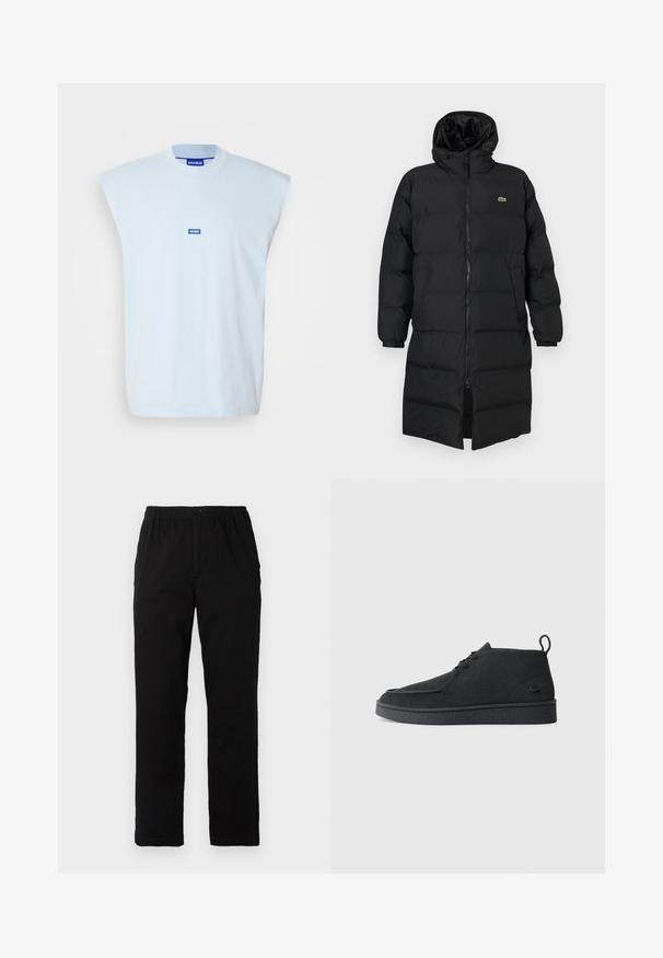 Mustahomeinen musta untuvatakki hupulla, jossa on täysipitkä vetoketju, pitkät hihat ja polvenpituinen malli. Pehmeä, tikkikuvioitu pinta logotiedolla.; Vaaleansininen hihaton t-paita, joka on valmistettu puuvillasta. Siinä on ympyräkaulus ja keskellä oleva sininen logotunnus brändin tunnistamiseksi.; Mustat housut, jotka on valmistettu puuvilla-sekoitekankaasta, suoran mallin, joustavan vyötärönauhan ja napin kanssa, ilman näkyviä kuvioita tai yksityiskohtia.; Mustat mokka nauhalla suljettavat nilkkasaappaat, joissa on vetotappi ja teksturoitu pohja, sekä pieni kohokuvioitu krokotiililogo sivulla.