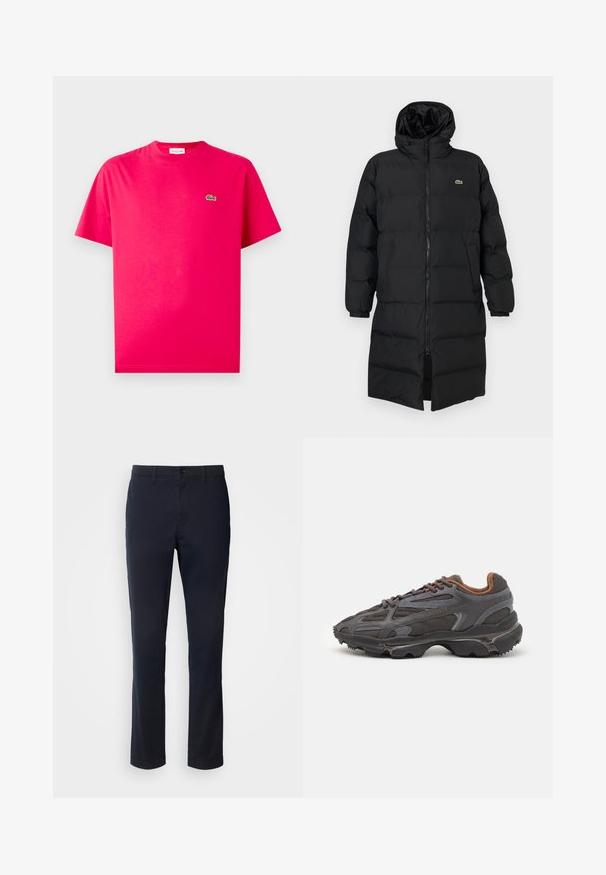 Černá péřová bunda s kapucí, s plným zipem, dlouhými rukávy a délkou po kolena. Měkká prošívaná textura s detailem loga.; Růžové bavlněné tričko s kulatým výstřihem a krátkými rukávy, na levé straně se malým zeleným krokodýlem.; Námořnické modré kalhoty vyrobené z hladkého materiálu, s rovnými nohavicemi, poutky na pásek a knoflíkovým zapínáním se zipem.; Sněrovací boty Lacoste v tmavě šedé barvě s síťovinou a syntetickým materiálem, prezentující texturovanou podrážku a hnědé detaily na límci a logu.
