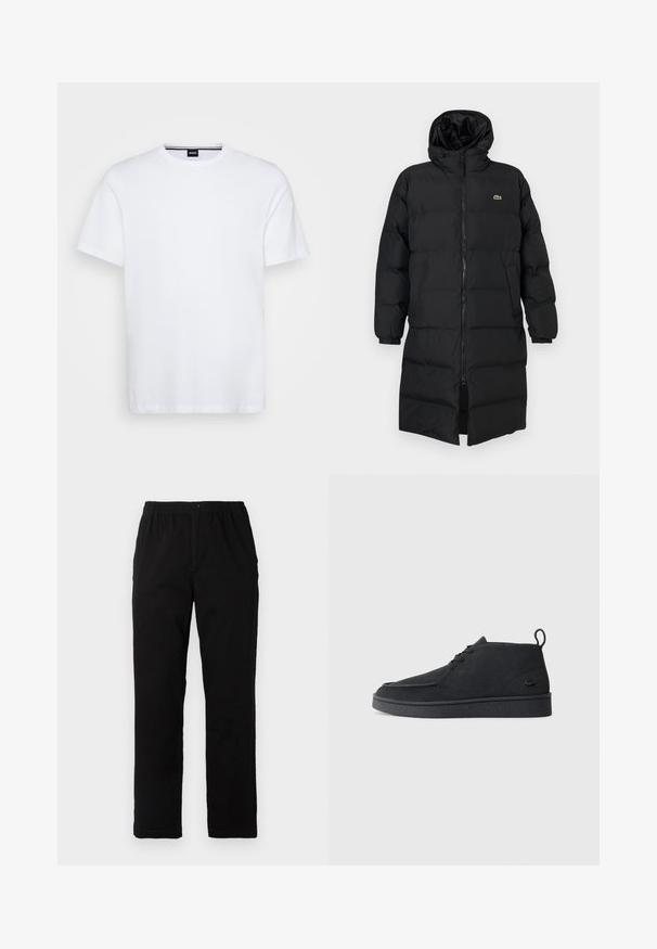 Casaco puffer preto com capuz, apresentando um fecho de correr completo, mangas longas e um design até ao joelho. Textura suave e acolchoada com detalhe do logotipo.; T-shirt de algodão branco com decote redondo e mangas curtas. Apresenta uma etiqueta discreta da marca na parte do pescoço. Textura suave, ajuste clássico.; Calças pretas feitas de um tecido de algodão misto, com corte reto, cintura elástica com botão e sem padrões ou detalhes visíveis.; Botim de tornozelo em camurça preta, com atacadores, aba na parte traseira e sola texturizada, apresentando um pequeno logótipo de crocodilo em relevo na lateral.