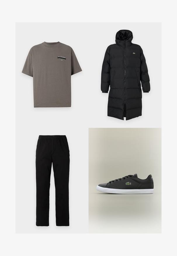 Sort pufferjakke med hætte, der har fuld lynlås, lange ærmer og knælængde. Blød, quiltet tekstur med logo-detalje.; Grå bomulds T-shirt med blødt rundet udskæring, korte ærmer og et mærket lommeprint med "ALL SAINTS" og yderligere tekst.; Sorte bukser lavet af en bomuldsblandingsstof, med lige snit, elastisk talje med knap, og uden synlige mønstre eller detaljer.; Sorte lædersneakers med hvid gummisål, der har et grønt krokodillelogo og runde snørebånd, slank design med glat tekstur.