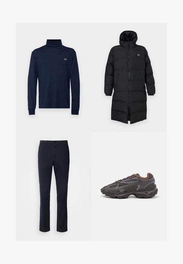 Juodas pūkinis paltas su kapišonu, su pilnu užtrauktuku, ilgomis rankovėmis ir iki kelių ilgio. Minkšta, siuvinėta tekstūra su logotipo detale.; Jūrinės mėlynos spalvos turtlenecko tipo marškiniai, pagaminti iš minkštos medvilnės, su ilgomis rankovėmis. Su mažai žaliai logotipu ant krūtinės. Sklandus audinys ir prigludęs dizainas.; Tamsiai mėlyni kelnių pagaminti iš lygaus audinio, turintys tiesaus kirpimo dizainą, diržo kilpas ir sagčių uždarymą su užtrauktuku.; Lacoste sportbačiai tamsiai pilki, pagaminti iš tinklinės ir sintetinių medžiagų, su tekstūruotu padu ir rudomis detalėmis ant apykaklės bei prekės ženklo.