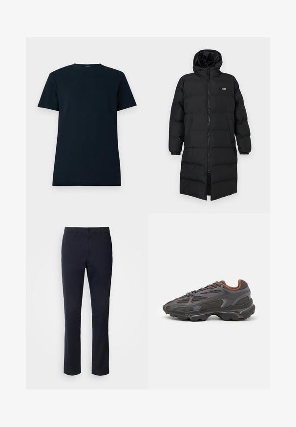 Must pufjakker, mille kapuutsiga, täispika tõmblukuga, pikkade varrukatega ja põlve pikkuses. Pehme, tikitud tekstuur, logodetailiga.; Lühikeste varrukatega tume sinine t-särk tekstuuriga kangast, millel on geomeetriline muster, ümmargune kaelus ja vaba lõige.; Sügavsinised püksid, mis on valmistatud siledast kangast, otse sääre disainiga, vöökonksudega ja nööbiga sulgemisega, millel on tõmblukk.; Tumed hallid Lacoste tossud, mis on valmistatud võrkkangast ja sünteetilisest materjalist, omavad tekstureeritud talla ning pruune aktsente kaeluse ja brändingu juures.