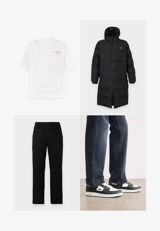 Mustahomeinen musta untuvatakki hupulla, jossa on täysipitkä vetoketju, pitkät hihat ja polvenpituinen malli. Pehmeä, tikkikuvioitu pinta logotiedolla.; Valkoinen puuvillapaita, jossa on pyöreä pääntie, lyhyet hihat ja punainen logo vasemmassa rinnassa, ominaisuuksina pehmeä rakenne ja tilava istuvuus.; Mustat housut, jotka on valmistettu puuvilla-sekoitekankaasta, suoran mallin, joustavan vyötärönauhan ja napin kanssa, ilman näkyviä kuvioita tai yksityiskohtia.; Mustat ja valkoiset Lacoste-tennarit, joissa on teksturoitu nahkapinta, nauhakiinnitys ja valkoinen kumipohja. Yhdistetty tummiin farkkuihin.