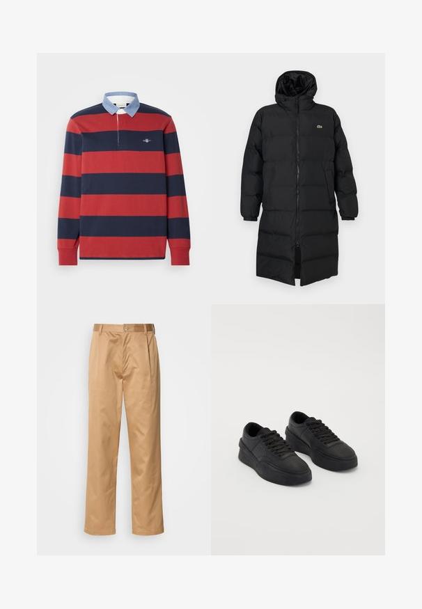 Must pufjakker, mille kapuutsiga, täispika tõmblukuga, pikkade varrukatega ja põlve pikkuses. Pehme, tikitud tekstuur, logodetailiga.; GANT STRIPE HEAVY RUGGER - Pikkade varrukatega topp - iron red; Khekilõngid, puuvilla segu, sirge jala disain, ees olevad voldid, vööloopid ja nupuga sulg. Sile tekstuur ilma mustriteta.; Mustad nahast mustad sneekerid, millel on pehme tald. Omadusteks on lapikud paelad, perforatsioonid varvaste piirkonnas ja voolujooneline siluett.