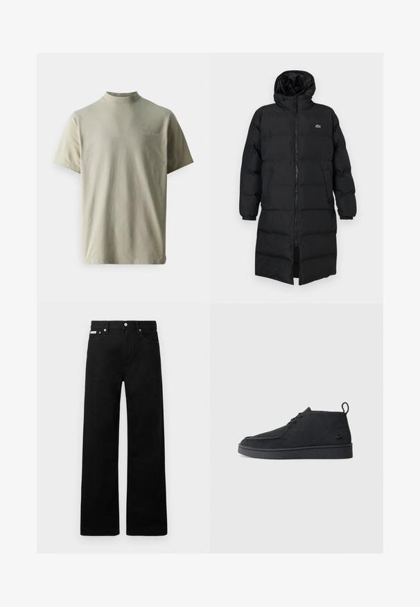 Fekete, kapucnis puffertakó, teljes cipzárral, hosszú ujjakkal és térd hosszig érő fazonnal. Puha, steppelt textúra logó részlettel.; Samsøe Samsøe NORSBRO - Basic póló - taupe; Fekete farmernadrág széles szabással, öt zsebbel és fém gombos díszítéssel. Sima felület, látható minták nélkül.; Fekete velúr, fűzős bokacsizma, húzófüllel és texturált talppal, oldalt kis, dombornyomott krokodil logóval.
