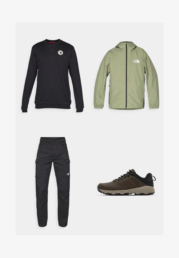 Kerge oliivroheline jakk, millel on kapuuts, elastsed mansetid, täispikkuslik tõmblukk ja The North Face logo rinnal. Sujuv disain.; Must räbalooje musta pikast varrukast sweatshirt ümmarguse kaelusega, millel on rinnalogo, soonikkoes mansetid ja ühtlane tekstuur. Punane sisekrae detail.; The North Face EXPLORATION PANTS - Kargopüksid - black; Kohandatud veekindlad pruunid spordijalatsid tekstuuriga pealisega, perforatsioonidega detailid, must kandetoetav osa ja hall kummine sisetald. Paelad on metallist otstega.