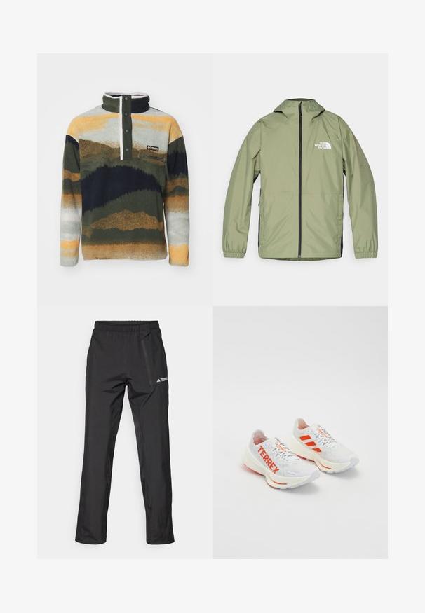 Kerge oliivroheline jakk, millel on kapuuts, elastsed mansetid, täispikkuslik tõmblukk ja The North Face logo rinnal. Sujuv disain.; Columbia HELVETIA - Fliisdžemper - greenscape; Mustad kergekaalulised välispüksid elastse vöökoha, tõmblukuga taskute ja trükitud logoga. Sile tekstuur ja sirge sääre lõige.; Valged spordijalatsid oranžide aktsentidega, millel on "TERREX" bränding, võrgust ülemine osa, pehmendatud talla ja tekstureeritud kummist välispohjaga.