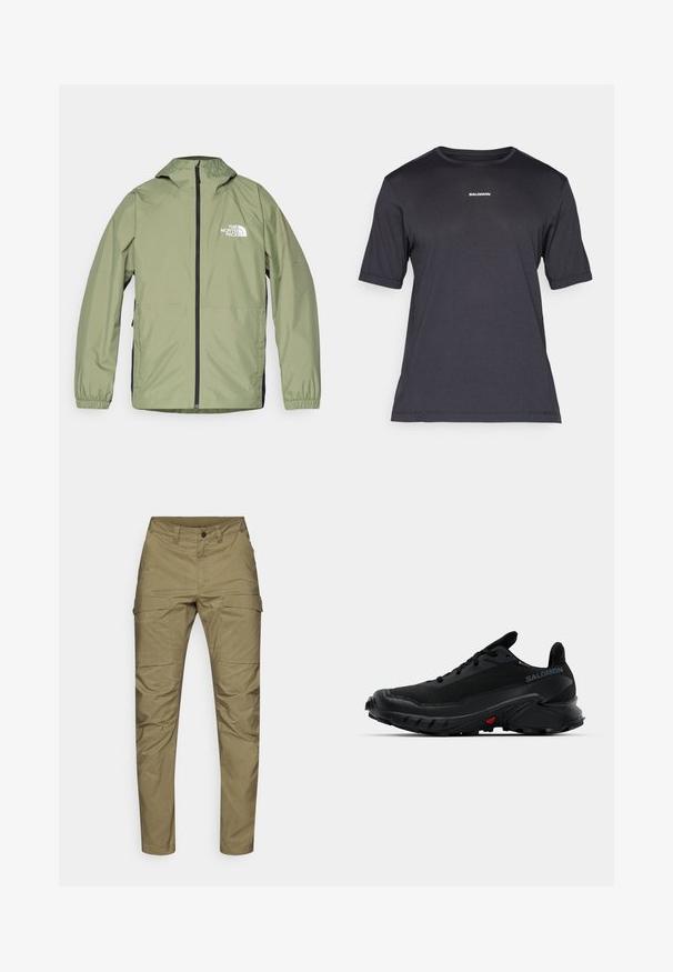 Könnyű, olíva zöld dzseki kapucnival, rugalmas mandzsettákkal, teljes cipzárral elöl, és a The North Face logójával a mellkason. Letisztult dizájn.; Fekete rövid ujjú teljesítmény póló lélegző anyagból, kerek nyakkivágással és apró fehér "SALOMON" logóval a mellen.; Tartós anyagból készült khaki színű cargo nadrág, egyenes szárú kialakítással, több elülső zsebbel és cipzáras, gombbal záródó mellrésszel.; Fekete sportcipők texturált felsőrésszel, lekerekített orral és kiemelkedő gumitalppal. Az oldalon logó található, a talp pedig vörös díszítéssel rendelkezik.