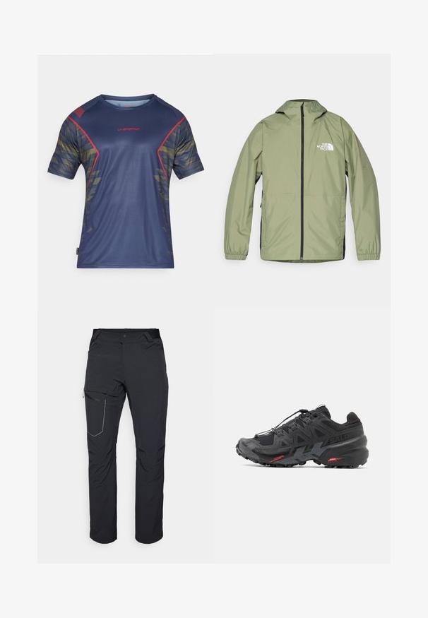 Lehká olivově zelená bunda s kapucí, elastickými manžetami, plným zipem vpředu a logem The North Face na hrudi. Úhledný design.; Krátký rukáv tmavě modrého sportovního trička s červenými akcenty a geometrickým vzorem v zelené a žluté barvě. Vyrobeno z tkaniny odvádějící vlhkost.; Černé venkovní kalhoty s kapsou na stehně se zipem, elastickým pasem a hladkým, voděodolným materiálem. Čistý design bez viditelných log.; Černá běžecká obuv se syntetickým svrškem, texturovaným designem a kontrastními červenými akcenty. Obsahuje zajištěný systém šněrování a robustní podrážku.