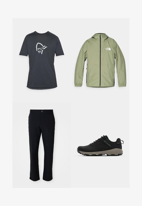 Chaqueta ligera de color verde oliva con capucha, puños elásticos, cierre frontal de cremallera completa y el logo de The North Face en el pecho. Diseño aerodinámico.; Camiseta de manga corta gris oscuro con un gráfico blanco de un rostro de perfil. Fabricada con un tejido suave y texturizado, con un dobladillo redondeado.; Pantalones negros con cierre de botón, diseño de pierna recta, textura suave y bolsillos laterales, adecuados para una variedad de ocasiones.; Zapato de senderismo negro con una parte superior lisa, diseño perforado, suela gris y talón reforzado. Cuenta con cordones y un asa para facilitar el uso.