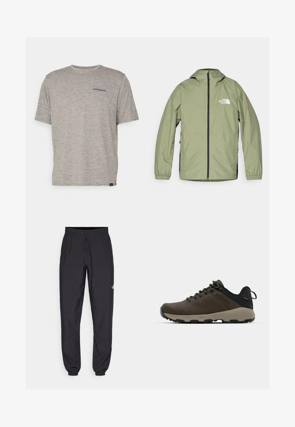 Lahka, olivno zelena jakna s kapuco, elastičnimi manšetami, celotnim zadrgo spredaj in logotipom The North Face na prsih. Poenostavljen dizajn.; Siva majica s kratkimi rokavi iz mehkega, strukturiranega blaga, na levi strani prsnega dela z majhnim modrim logotipom Patagonia. Brez dodatnih vzorcev.; Črne atletske hlače iz lahkega materiala, ki imajo elastični pas z vezalko, stranske žepe in zožene manšete na gležnjih.; Rjave vodoodporne superge z teksturiranim zgornjim delom, perforiranimi detajli, črno podporo za peto in sivo gumijasto podlogo. Šnure imajo metalne konice.