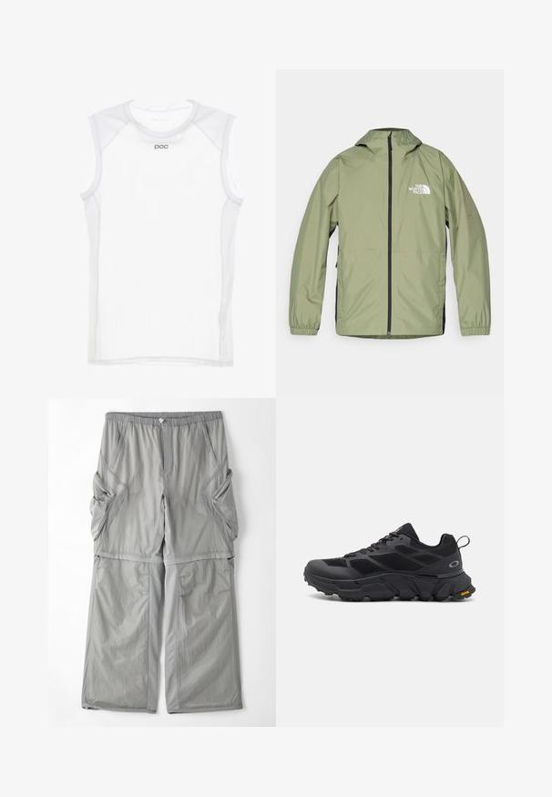 Lightweight, olive green jacket with a hood, elastic cuffs, full zipper front, and The North Face logo on the chest. Streamlined design.; White sleeveless athletic jersey made of mesh fabric, featuring a rounded neckline and light texture, with a small black logo on the front.; Light grey, breathable fabric trousers with an elastic waistband, side pockets, and contrasting grey piping along the seams. Loose fit design.; Black athletic shoes with a chunky sole, mesh and synthetic upper, textured accents, and Vibram branding on the outsole.