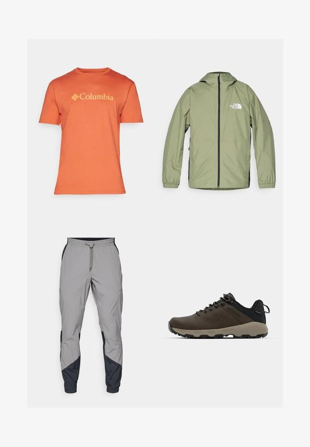 Ελαφρύ, ελαιόχρωμο μπουφάν με κουκούλα, ελαστικές μανσέτες, πλήρη φερμουάρ μπροστά και το λογότυπο της North Face στο στήθος. Ρευστή σχεδίαση.; Πορτοκαλί βαμβακερό μπλουζάκι με στρογγυλή λαιμόκοψη και κοντά μανίκια, διακοσμημένο με το έντονο κίτρινο λογότυπο "Columbia" στο στήθος.; Ελαφρύ γκρι αθλητικό παντελόνι με μαύρες λεπτομέρειες. Ελαστική μέση, κλείσιμο με κορδόνι, σχέδιο με στενό πόδι και πλαϊνές τσέπες.; Καφέ αδιάβροχα αθλητικά παπούτσια με υφασμάτινη επάνω επιφάνεια, διατρήσεις, μαύρη στήριξη στη φτέρνα και γκρι ελαστική σόλα. Οι κορδόνες είναι διακοσμημένες με μεταλλικές άκρες.