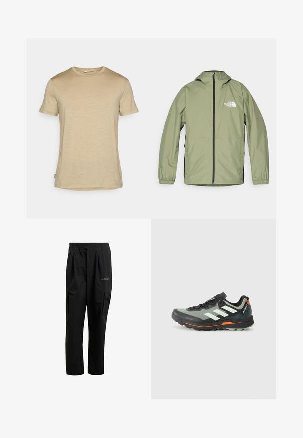 Lekka, oliwkowa kurtka z kapturem, elastycznymi mankietami, pełnym zamkiem z przodu i logo The North Face na klatce piersiowej. Strzałkowy design.; Beżowa koszulka z krótkim rękawem wykonana z lekkiego materiału; ma okrągły dekolt oraz subtelną teksturę z prostym wykończeniem dołu.; Czarne spodnie cargo wykonane z lekkiego materiału, z elastycznym pasem, bocznymi kieszeniami oraz subtelnym logo na udzie.; Wielozadaniowe buty do biegania szlakowego o lekkiej konstrukcji z siateczkową górą w odcieniach szaro-czarnych, pomarańczowymi akcentami i wytrzymałą podeszwą zapewniającą przyczepność. Wodoodporna podszewka Gore-Tex.